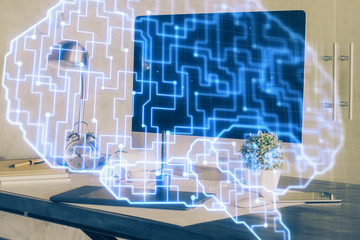Multi exposure of work table with computer and brain hologram. Brainstorm concept.