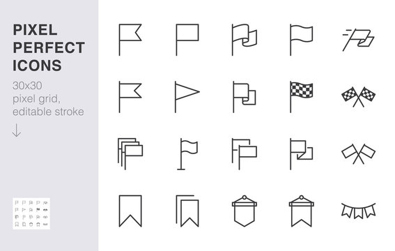 Flag line icon set. Checkered flags, location marker, waving pennant, bookmark, pin minimal vector illustrations. Simple outline signs for web map application. 30x30 Pixel Perfect. Editable Strokes