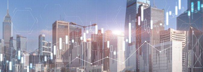 Stock trading, investment, candle stock market chart diagram website header banner city view skyline.