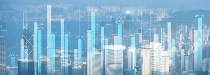 Plakat Financial graph diagram trading investment business intelligence concept website panoramic header double exposure modern city view.