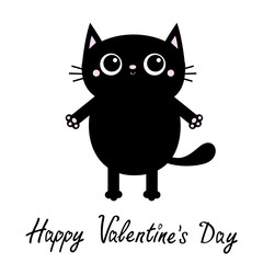 Happy Valentines Day. Black cat. Open hand pink paw print. Big eyes. Kitty reaching for a hug. Funny Kawaii animal. Baby card. Cute cartoon character. Pet collection. Flat design White background