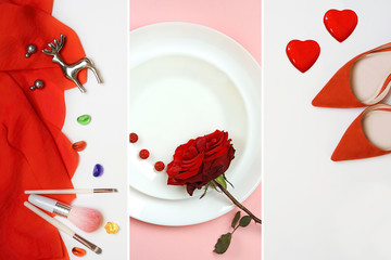 Valentines Day fashion layout with female accessories on classic red and white background.