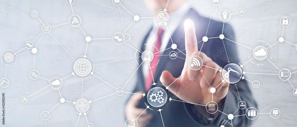 Wall mural technology industrial business process workflow organisation structure on virtual screen. iot smart 