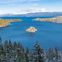 The Lake Tahoe in Nevada and California, panorama of the Emerald Bay in winter