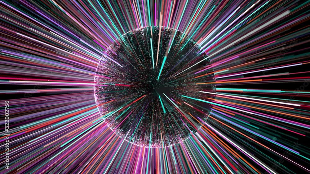 Poster 3d render of dark sphere with colorful particles are being emitted from. fast technology concept. sp