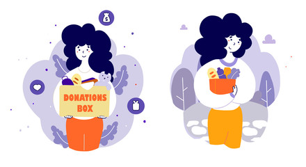 Charity organization activists at work flat vector illustrations set