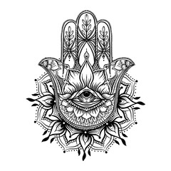 Ornate hand drawn hamsa. Popular Arabic and Jewish amulet. Vector illustration. Outline vector illustration, isolated on white background.
