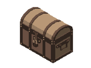 Pixelated Closed treasure vintage wooden chest. Pixel Art. Isometric projection. 3d Vector illustration. Isolated on white background.