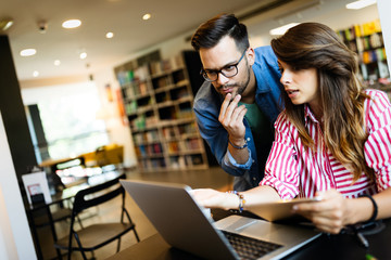 Student studying brainstorming library friends teamwork concept