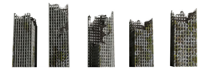 set of ruined skyscrapers, tall post apocalyptic buildings isolated on white background - obrazy, fototapety, plakaty