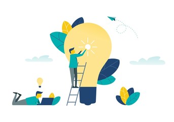 Man light up the idea. Lamp illustration. Man work notebook