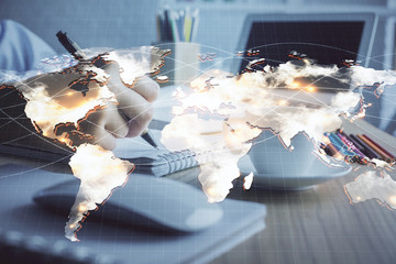 International business hud over woman's hands writing background. Concept of hard work. Double exposure