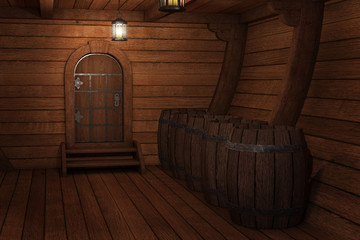 Inside old ship. Hold or cabin of a ship background. 3d illustration of pirate cabin. Mixed media. © Tatyana Sidyukova
