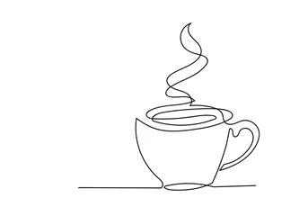 Rideaux velours Une ligne Continuous one line drawing of cup of coffee.
