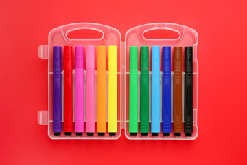 Set of felt-tip pens on color background