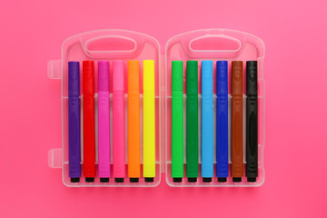 Set of felt-tip pens on color background