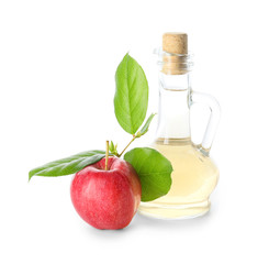 Bottle of apple cider vinegar on white background