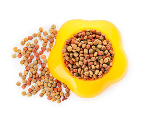 Bowl with dry pet food on white background