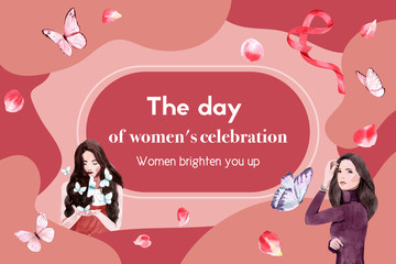 Woman day frame design with leaf, ribbon, butterfly  watercolor illustration,