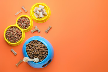 Bowls with dry pet food on color background