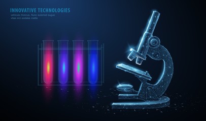 Fototapeta na wymiar Microscope. Abstract 3d professional school microscope isolated on blue background. Science laboratory, medical equipment concept.
