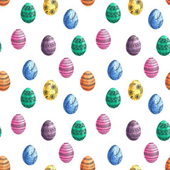 Seamless easter eggs pattern. Watrcolor eggs on white background.Texture for wrapping paper, textile, scrapbooking,.