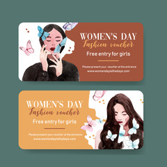 Women day voucher design with butterfly, women watercolor illustration.