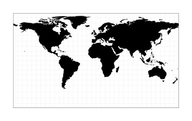 World contour. Patterson cylindrical projection. Plan world geographical map with graticlue lines. Vector illustration.