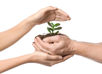 Male and female hands with plant and soil on white background. Earth day celebration