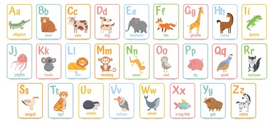 Alphabet cards for kids. Educational preschool learning ABC card with animal and letter cartoon vector illustration set. Flashcards with cute characters and english words placed in alphabetical order. - obrazy, fototapety, plakaty