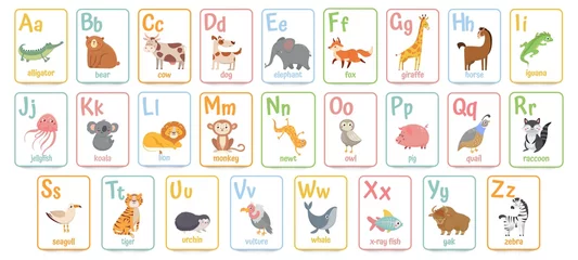 Foto op Plexiglas Alphabet cards for kids. Educational preschool learning ABC card with animal and letter cartoon vector illustration set. Flashcards with cute characters and english words placed in alphabetical order. © Tartila