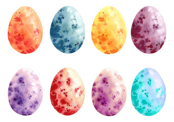 Happy Easter. Watercolor Eggs. Set of hand drawn colored Easter eggs isolated on white background. For greetings card.