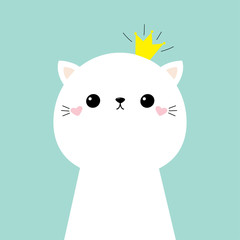 Cute cat kitten face head icon. Kids print for poster, t-shirt. Kawaii kitty animal. Golden crown. Cartoon funny baby character. Love. Scandinavian style. Flat design. Blue background.