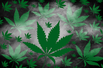 Marijuana leaves on dark background. Smoke and leaves. Cannabis sativa. 