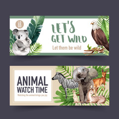 Zoo banner design with zebra, koala, meerkat watercolor illustration. © photographeeasia