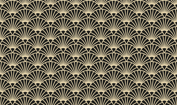 Vektor-Illustration eines nahtlosen, dekorativen, geometrischen, hell gold und schwarzen Art-Déco-Musters der 20er Jahre mit Bögen