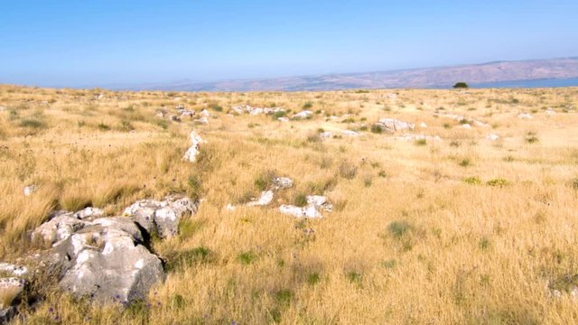 Steady forward shot of dry field landscape with Sea of galilee in background during sunny day