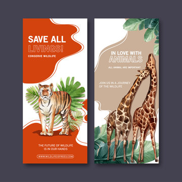 Zoo flyer design with tiger, giraffe watercolor illustration.