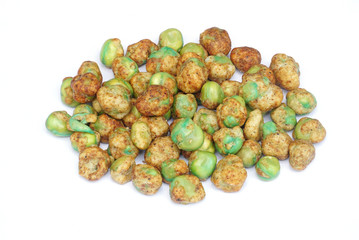 Spiced Fried Green Peas, A pile of beans isolated on white, roasted peanuts coated by salt
