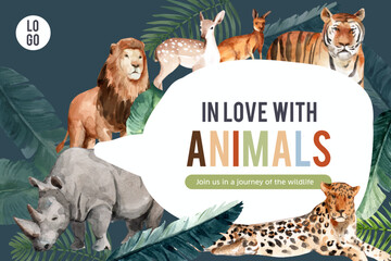 Zoo frame design with tiger, kangaroo, rhino watercolor illustration. - obrazy, fototapety, plakaty