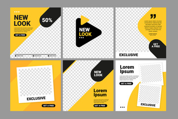 Set of Editable square instagram banner template. Black and yellow background color with stripe line shape. Suitable for social media post and web internet ads. Vector illustration with photo college