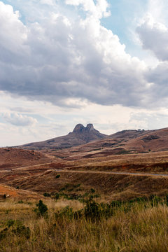 Desserted landscape of dry hills on a cloudy day at sunset, Fianarantsoa, Madagascar