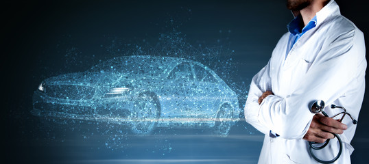 doctor a stethoscope and examines a car