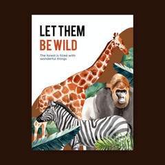 Zoo poster design with monkey, zebra, giraffe watercolor illustration. - obrazy, fototapety, plakaty