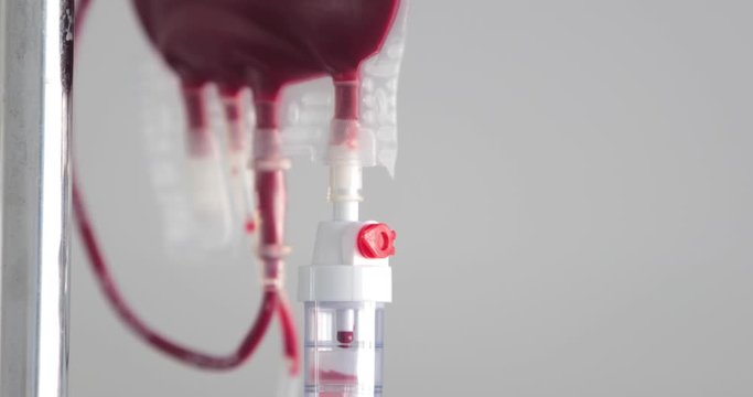 Close up footage of a bag of blood at the blood transfusion department