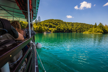 Ferry boats on Plitvice lakes pier, Croatia. People visit Plitvice Lakes National Park