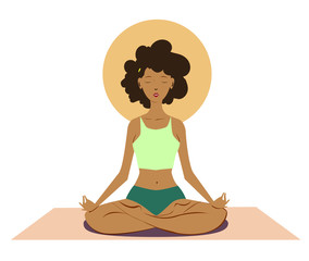  Black young woman, practicing yoga in the lotus pose. Healthy lifestyle and wellness concept. Flat cartoon vector illustration for meditation, recreation, Yoga Day. Isolated on white backgroun