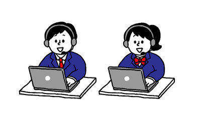 Fototapeta na wymiar へッドセットブレザー姿でパソコンを操作する女子男子学生セット（シンプル） 