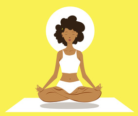 Obraz na płótnie Canvas Black woman, does yoga in the lotus pose on the mat. Healthy lifestyle and wellness concept. Flat cartoon vector illustration for meditation, recreation, Yoga Day. Isolated on light yellow background