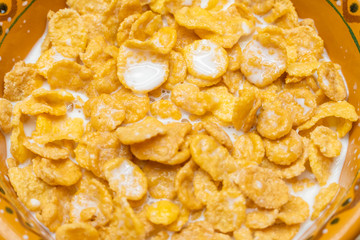 bowl of cornflakes and milk close-up